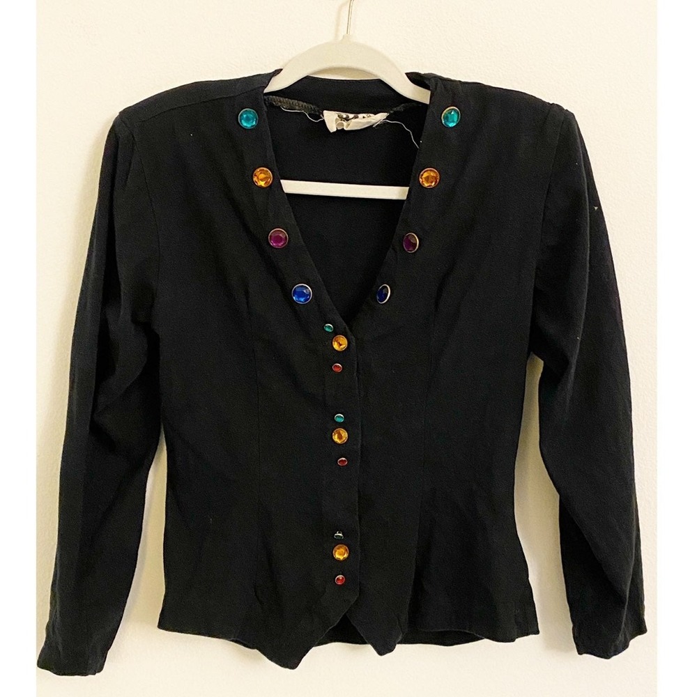 Vintage Bait Black Cotton Jewel Embellished V-Neck Top Long Sleeve Made in USA M